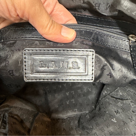 L.A.M.B. Canvas & Leather Shoulder Large Tote Beige Stripe Black Leather Trim - Picture 4 of 16